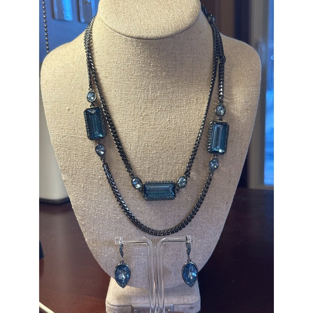 Givenchy Gunmetal Blue Crystal Necklace & Earring Set Designer Statement Jewelry